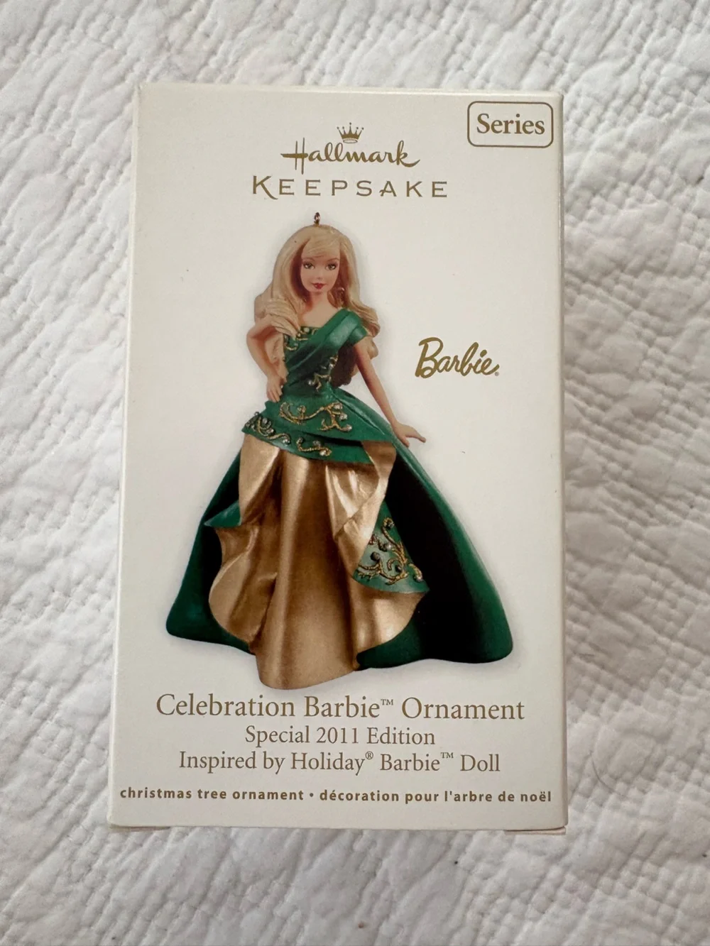 Hallmark Keepsake 2011 Barbie  Celebration Ornament Green/Gold Dress   With Box
